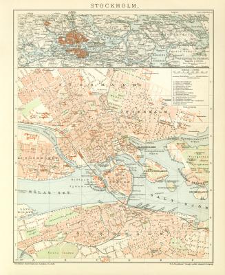 Stockholm Stadtplan Lithographie 1899 Original der Zeit