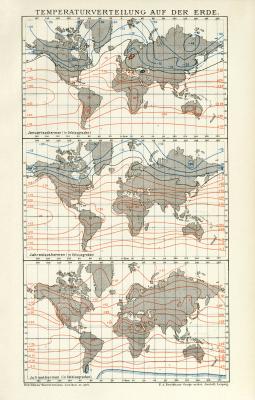 Temperaturverteilung Weltkarte historische Landkarte Lithographie ca. 1892