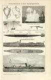 Torpedos und Seeminen historische Bildtafel Holzstich ca. 1892