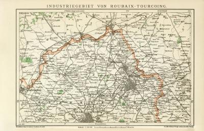 Industriegebiet Roubaix Tourcoing historische Landkarte Lithographie ca. 1899