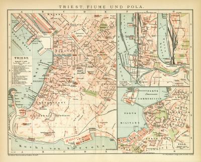 Triest Fiume und Pola historischer Stadtplan Karte Lithographie ca. 1899