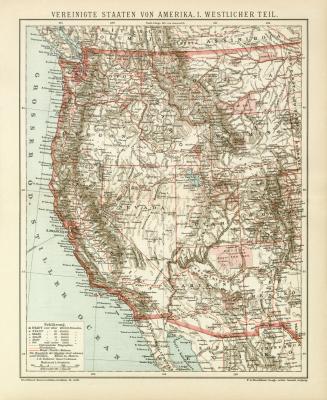USA Westlicher Teil Karte Lithographie 1896 Original der Zeit