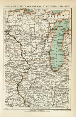 USA Wisconsin Illinois Karte Lithographie 1899 Original der Zeit