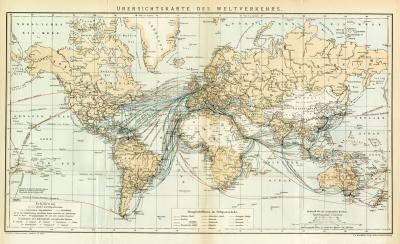 Verkehr Welt Karte Lithographie 1892 Original der Zeit