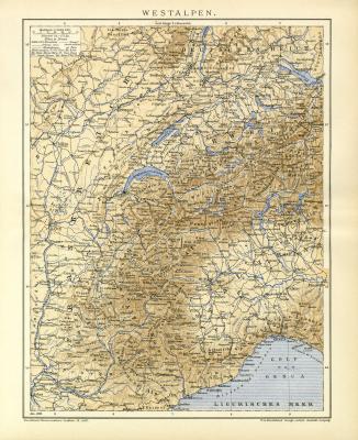 Westalpen Karte Lithographie 1900 Original der Zeit