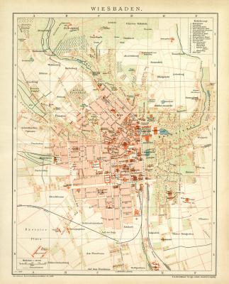 Wiesbaden Stadtplan Lithographie 1899 Original der Zeit
