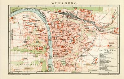 Würzburg historischer Stadtplan Karte Lithographie ca. 1899