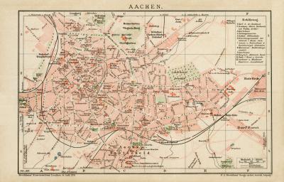 Aachen Stadtplan Lithographie 1899 Original der Zeit