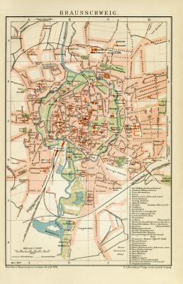 Braunschweig historischer Stadtplan Karte Lithographie ca. 1899