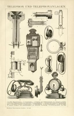Telephon & Telephonanlagen Holzstich 1891 Original der Zeit