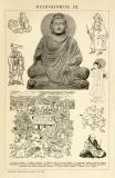 Buddhismus II.- III. historische Bildtafel Holzstich ca. 1892