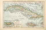 Kuba Jamaika Puerto Rico Karte Lithographie 1900 Original der Zeit