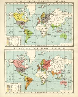 Der Deutsche Welthandel I. Einfuhr II. Ausfuhr historische Landkarte Lithographie ca. 1895