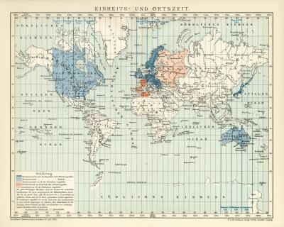 Einheits- und Ortszeit historische Landkarte Lithographie ca. 1894