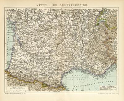 Mittel & Südfrankreich Lithographie 1899 Original der Zeit