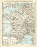 Die Schiffahrtsstrassen von Frankreich und den angrenzenden Gebieten historische Landkarte Lithographie ca. 1899