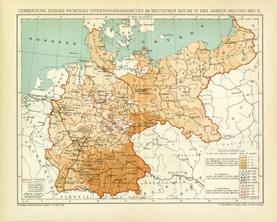 Infektionskrankheiten Deutsche Reich II. Karte Lithographie 1899 Original der Zeit