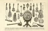Musikinstrumente I. - II. historische Bildtafel Holzstich...