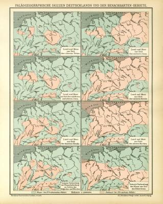Paläogeographische Skizzen Deutschlands und der benachbarten Gebiete historische Bildtafel Lithographie ca. 1895