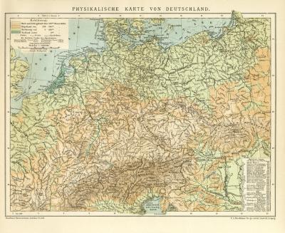 Deutschland Physikalische Karte Lithographie 1899 Original der Zeit