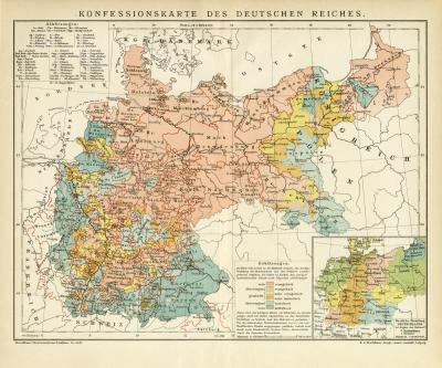 Konfessionen Deutsches Reich Karte Lithographie 1899 Original der Zeit
