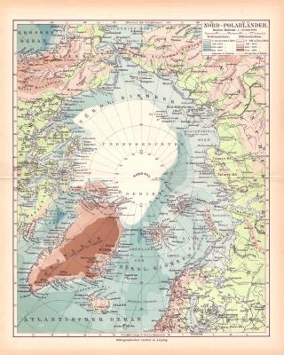 Nord Polarländer Landkarte Lithographie ca. 1900 Original der Zeit