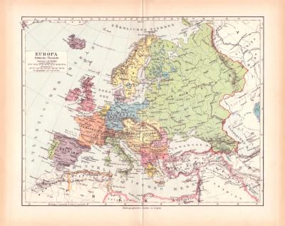 Europa politische Landkarte Lithographie ca. 1900 Original der Zeit