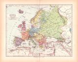 Originaldruck aus Meyers Handatlas zweite Ausgabe von 1900 zeigt Europa politische Landkarte Lithographie ca. 1900