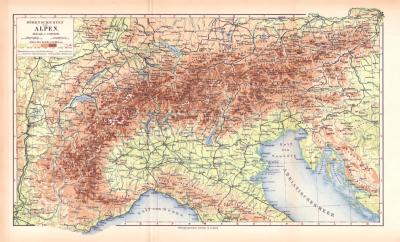 Alpen H&ouml;henschichten Landkarte Lithographie ca. 1900 Original der Zeit