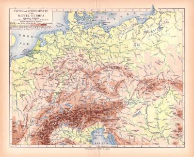 Mitteleuropa Fl&uuml;sse Gebirge Landkarte Lithographie ca. 1900 Original der Zeit