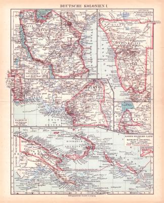 Deutsche Kolonien I. Landkarte Lithographie ca. 1900 Original der Zeit