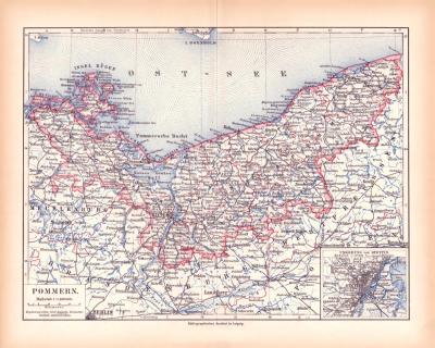 Originaldruck aus Meyers Handatlas zweite Ausgabe von 1900 zeigt Pommern Landkarte Lithographie ca. 1900