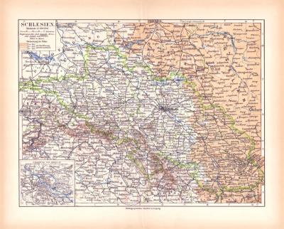 Originaldruck aus Meyers Handatlas zweite Ausgabe von 1900 zeigt Schlesien Landkarte Lithographie ca. 1900