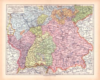 S&uuml;ddeutschland Landkarte Lithographie ca. 1900 Original der Zeit
