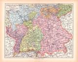 Originaldruck aus Meyers Handatlas zweite Ausgabe von 1900 zeigt Süddeutschland Landkarte Lithographie ca. 1900
