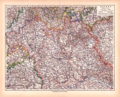 Bayern Nord Landkarte Lithographie ca. 1900 Original der Zeit