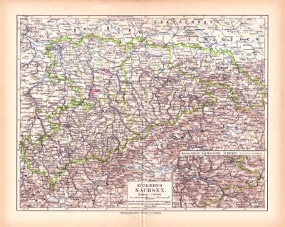 Originaldruck aus Meyers Handatlas zweite Ausgabe von 1900 zeigt Königreich Sachsen Landkarte Lithographie ca. 1900