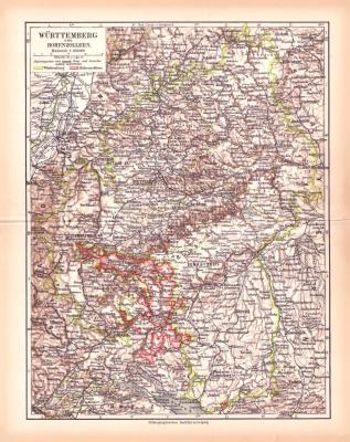 Württemberg Hohenzollern Landkarte Lithographie ca. 1900 Original der Zeit