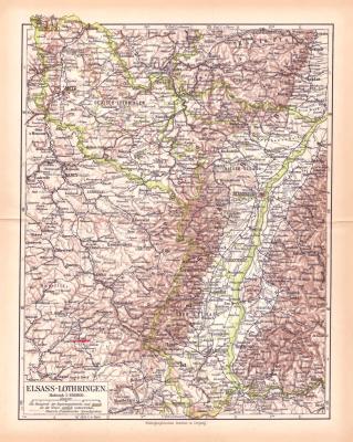 Elsass Lothringen Landkarte Lithographie ca. 1900 Original der Zeit