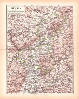 Originaldruck aus Meyers Handatlas zweite Ausgabe von 1900 zeigt Hessen Landkarte Lithographie ca. 1900