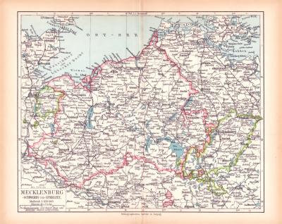 Mecklenburg Schwerin Strelitz Landkarte Lithographie ca. 1900 Original der Zeit