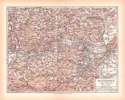 Originaldruck aus Meyers Handatlas zweite Ausgabe von 1900 zeigt Österreich unter der Enns Landkarte Lithographie ca. 1900
