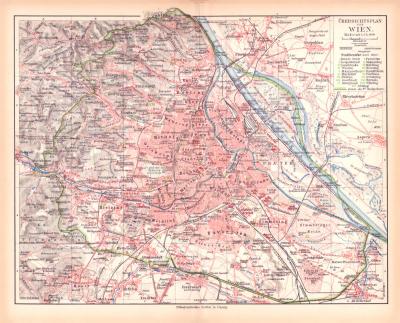 Originaldruck aus Meyers Handatlas zweite Ausgabe von 1900 zeigt Wien Stadtplan Lithographie ca. 1900