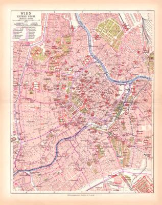 Originaldruck aus Meyers Handatlas zweite Ausgabe von 1900 zeigt Wien Innere Stadt Stadtplan Lithographie ca. 1900
