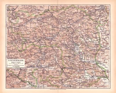 Steiermark Landkarte Lithographie ca. 1900 Original der Zeit