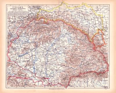 Ungarn Galizien Bukowina Landkarte Lithographie ca. 1900 Original der Zeit