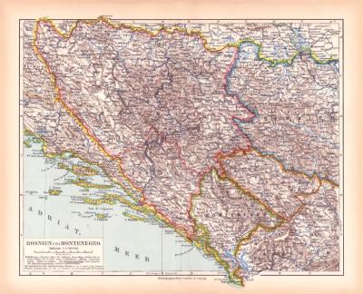 Originaldruck aus Meyers Handatlas zweite Ausgabe von 1900 zeigt Bosnien Montenegro Landkarte Lithographie ca. 1900