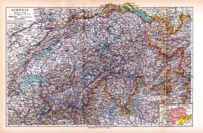 Originaldruck aus Meyers Handatlas zweite Ausgabe von 1900 zeigt Schweiz Landkarte Lithographie ca. 1900