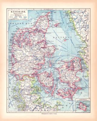 Dänemark Landkarte Lithographie ca. 1900 Original der Zeit