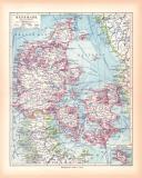 Originaldruck aus Meyers Handatlas zweite Ausgabe von 1900 zeigt Dänemark Landkarte Lithographie ca. 1900